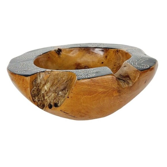 Vintage Natural Polished Teak Root Rustic Bowl Raw Chunky Painted Rim 11.5" - Picture 8 of 14